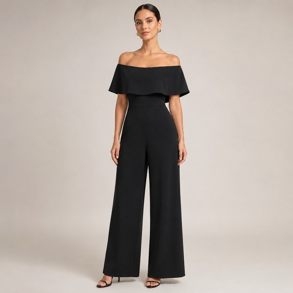 New Onyx Nite Off Shoulder Black Jumpsuit Wide Leg Back Zip Sexy Formal Glam‎ 4